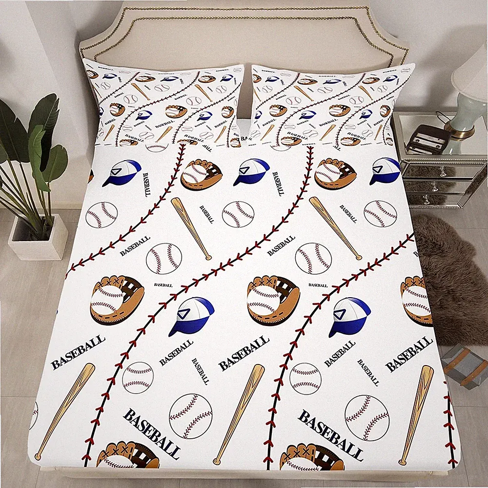 Sports Baseball Bed Set Baseball Bat and Gloves Hat Decor Bedding Sheets for...