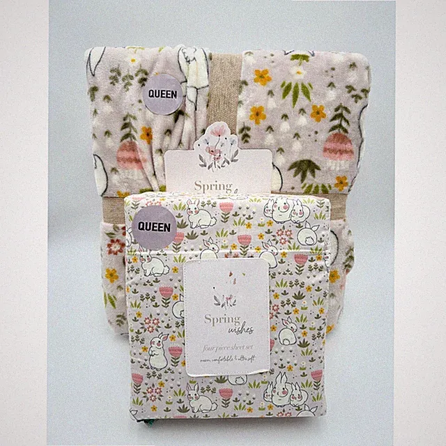 Spring Wishes Plush Blanket & Sheet Set Bunny Floral Queen Size Soft Easter NWT