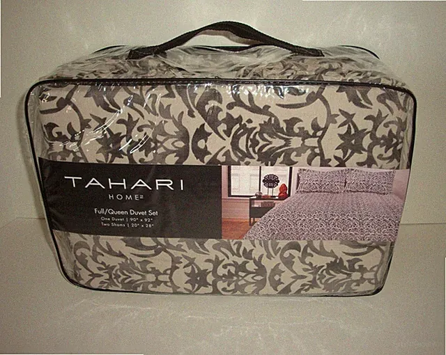 Tahari Vine Scroll Full Queen Duvet Cover Sham Set Charcoal Natural Linen Cotton
