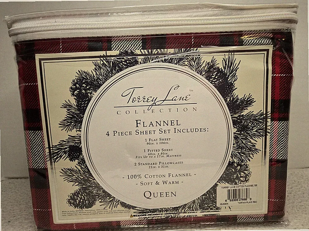 Torrey Lane Queen Flannel Sheet Set Tartan Plaid Red 4-Piece – New