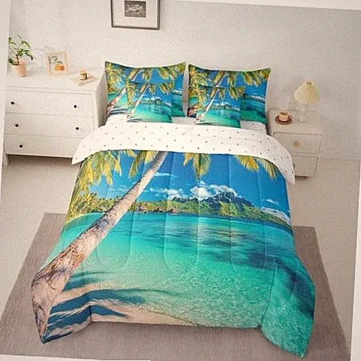 Tropical Hawaii Comforter Set 7 Piece,Ocean Beach Bed in A Queen Green Blue