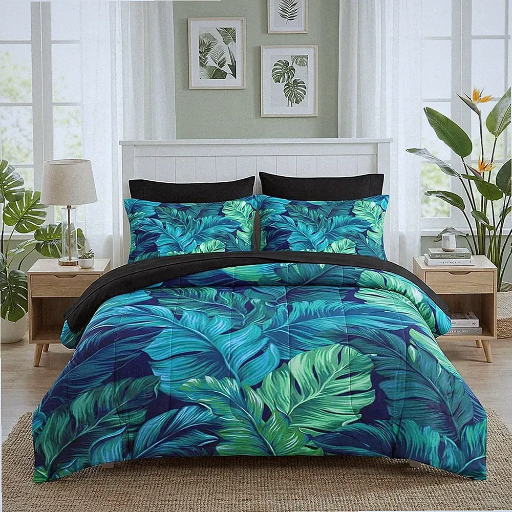 Tropical Palm Leaf King Size Comforter Set with Sheets & Pillowcases, 7 Pcs
