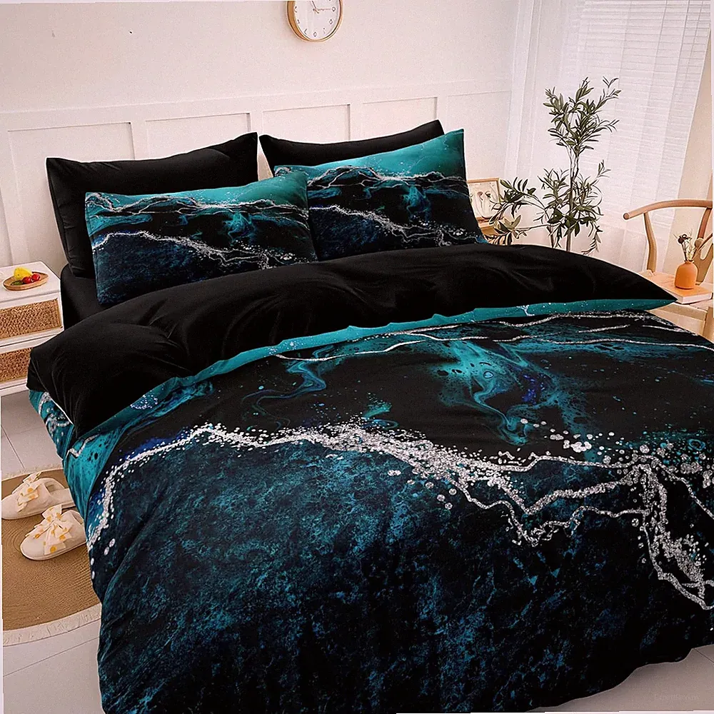 Turquoise Blue Black Marble Comforter Set 8 Pcs Queen Bed in a Bag