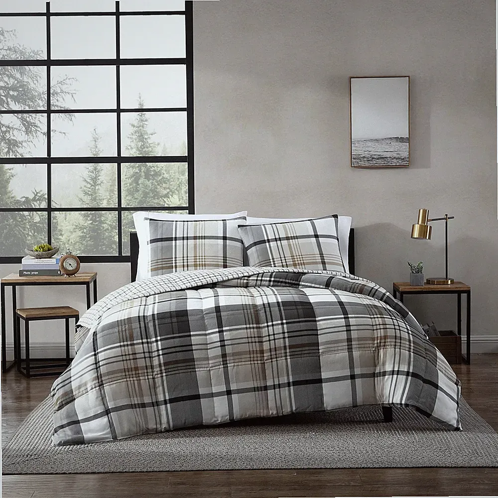 Twin Comforter Set Reversible Plaid Normandy Grey Oeko Tex Eddie Bauer Bedding