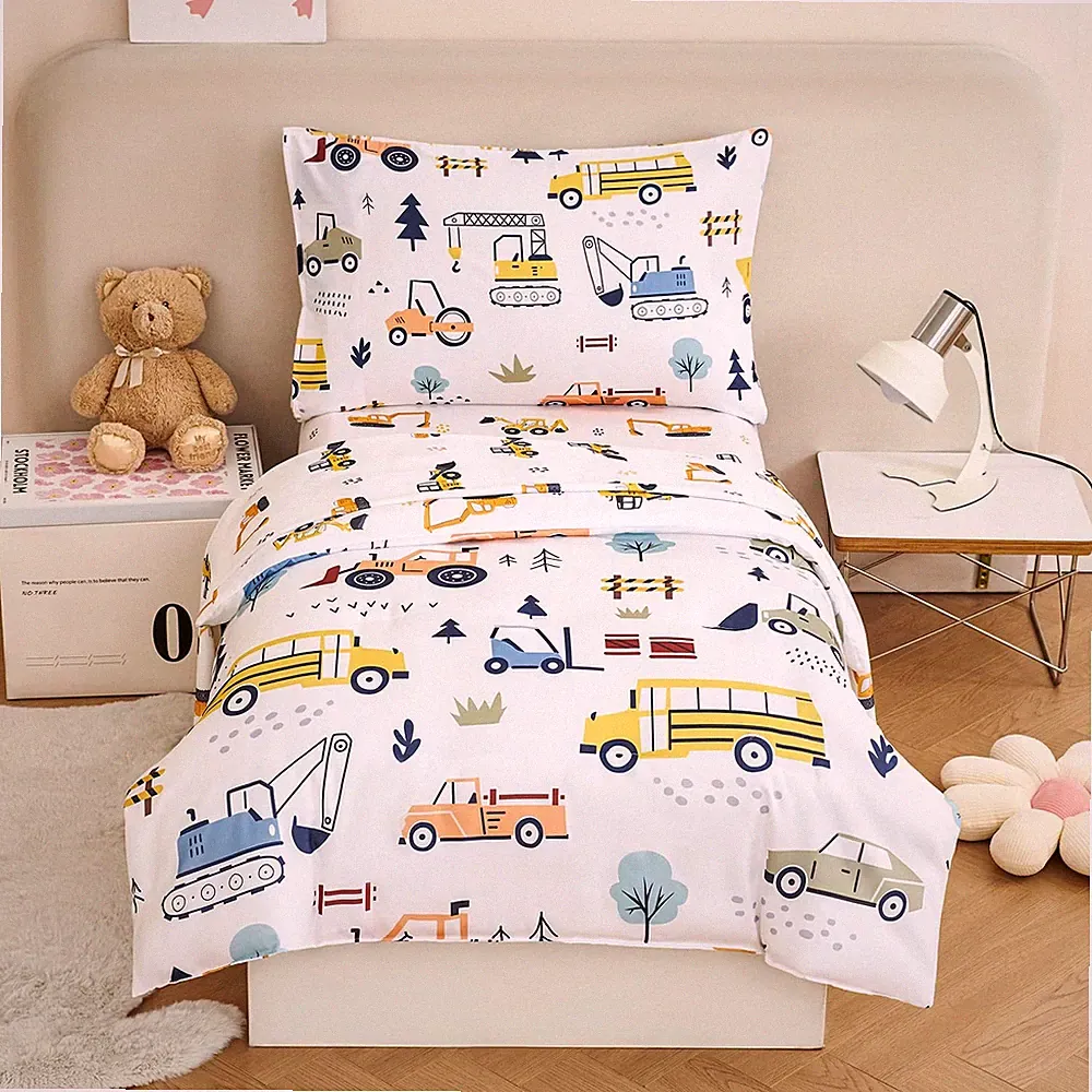URBONUR 4PC Toddler Bedding Set Boys Construction Car Printed Vehicles