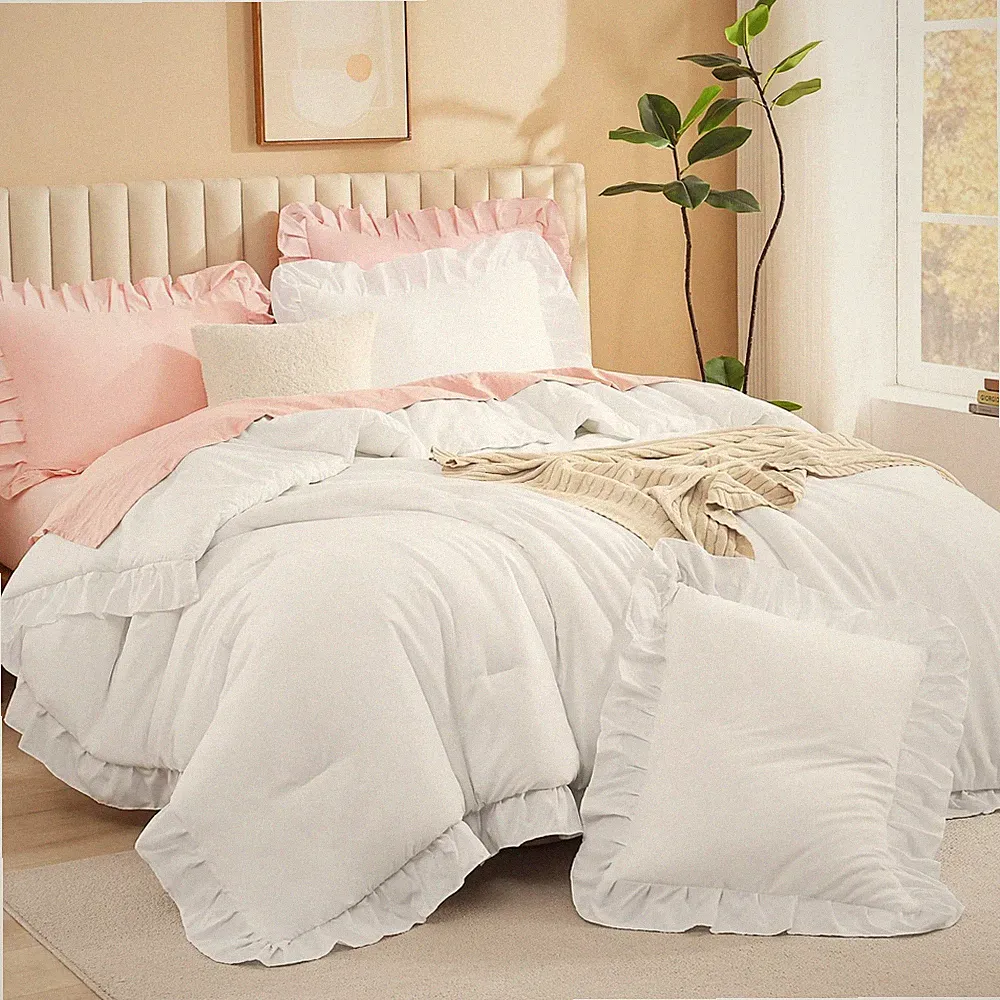 White Twin Size Comforter Sets, 3 Pieces Ruffle Farmhouse Aesthetic Bedding Comf