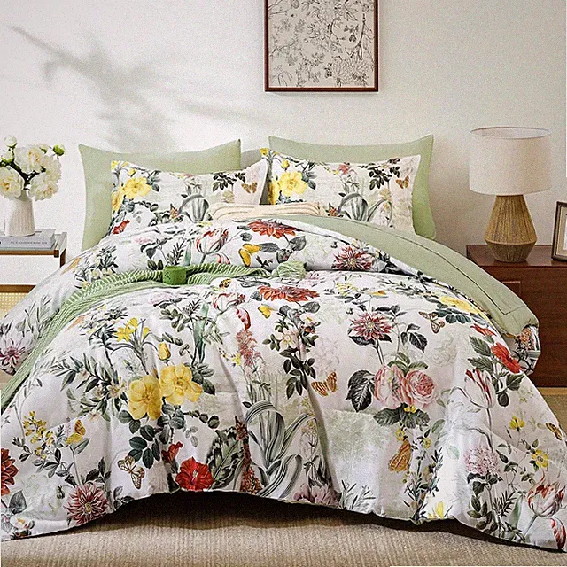 WONGS BEDDING Sage Green Comforter Set Full 7 Pieces Floral All Seasons Bed in a