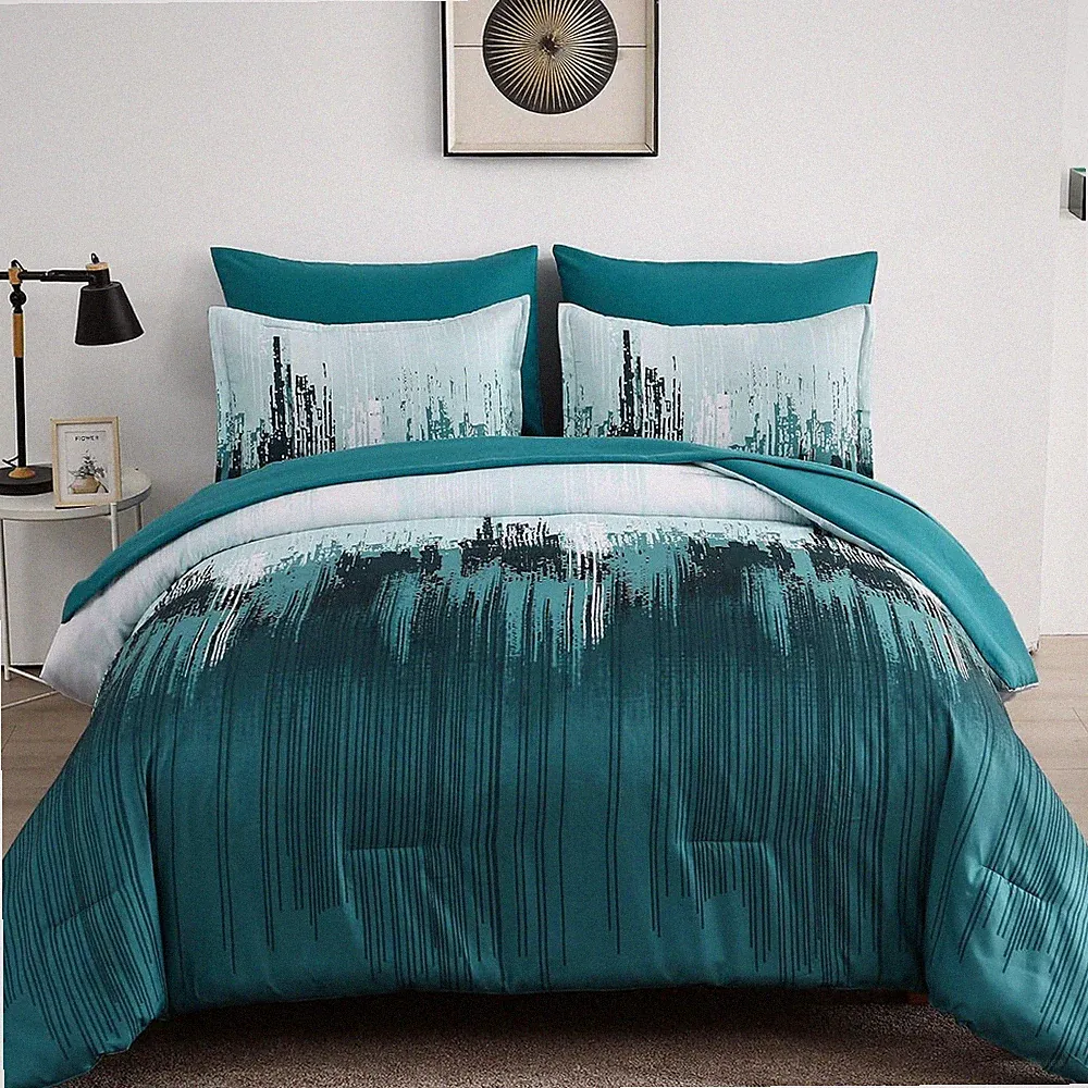 WONGS Queen/King Comforter Set - Teal Green Abstract Gradient Microfiber Bedding