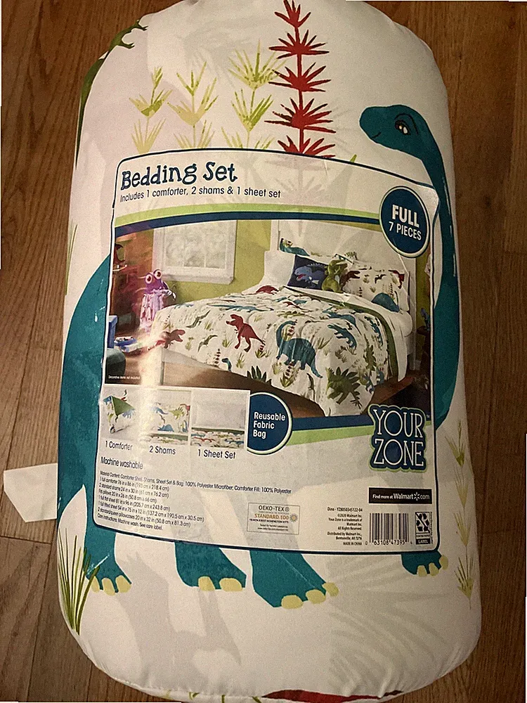 Your Zone Green and Blue Dino Full Bedding Set for Kids, Machine Wash, 7 Pieces