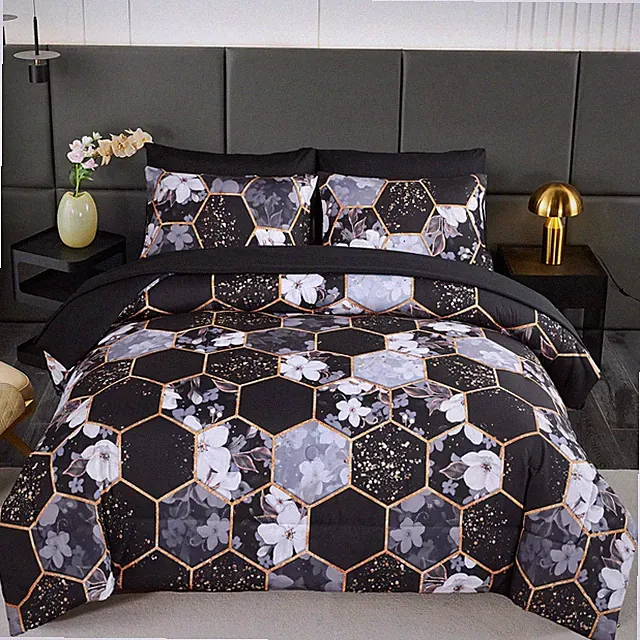 ZRNBAST 7 Pieces Full Comforter Sets Black Geometric Bed in A Bag Sheets Floral